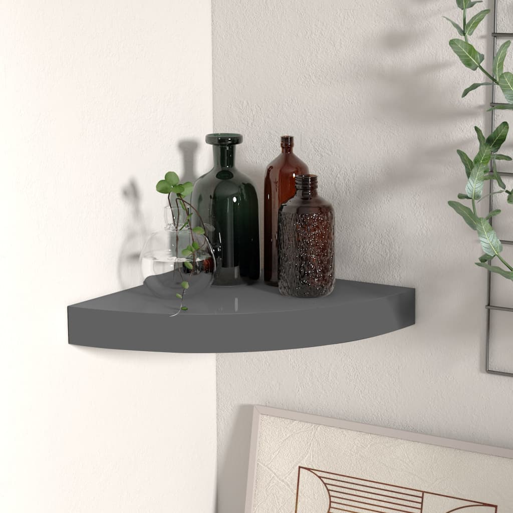 Floating Corner Shelf High Gloss Grey 25x25x3.8 cm MDF - Design Hut