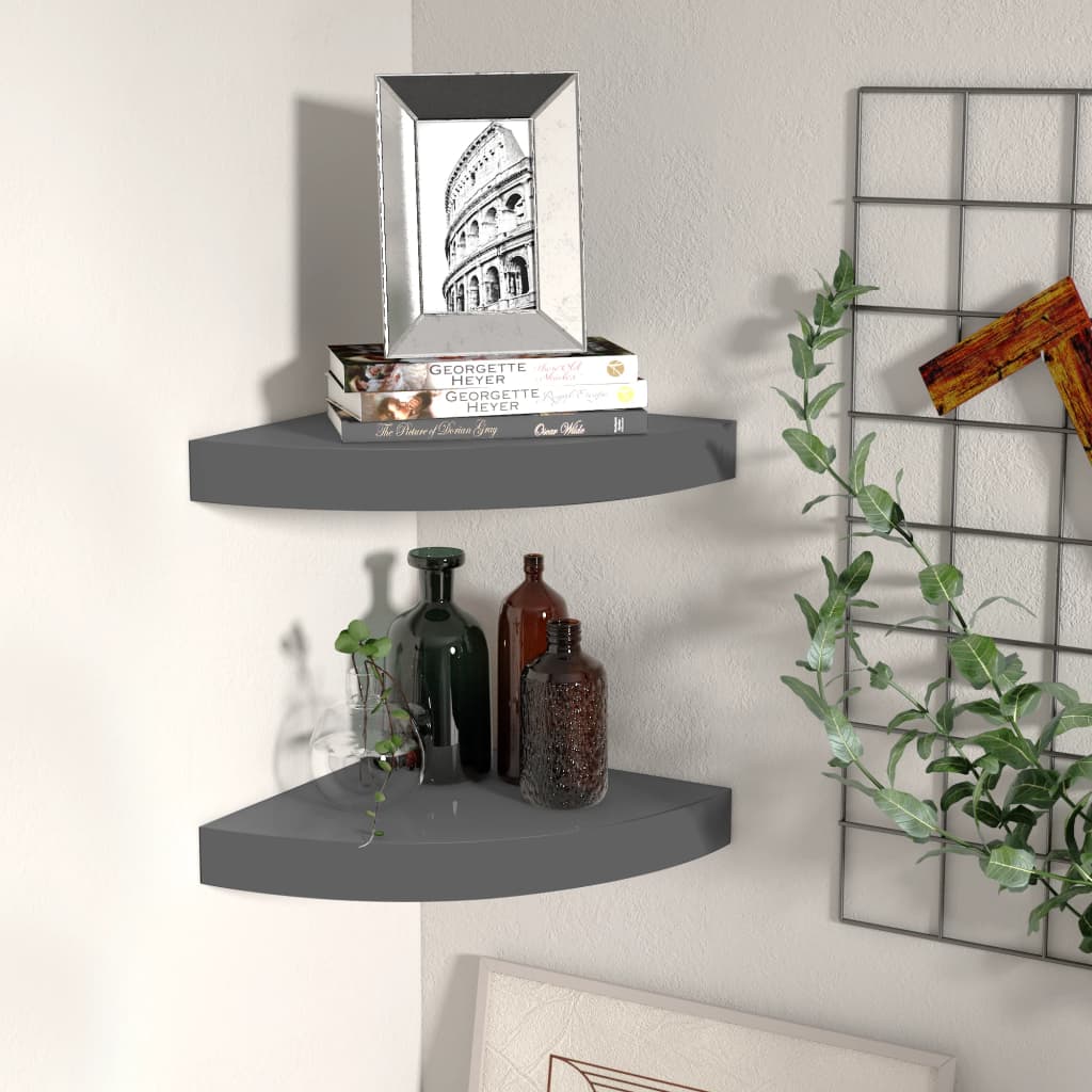 Floating Corner Shelves 2 pcs High Gloss Grey 25x25x3.8 cm MDF - All Things Good