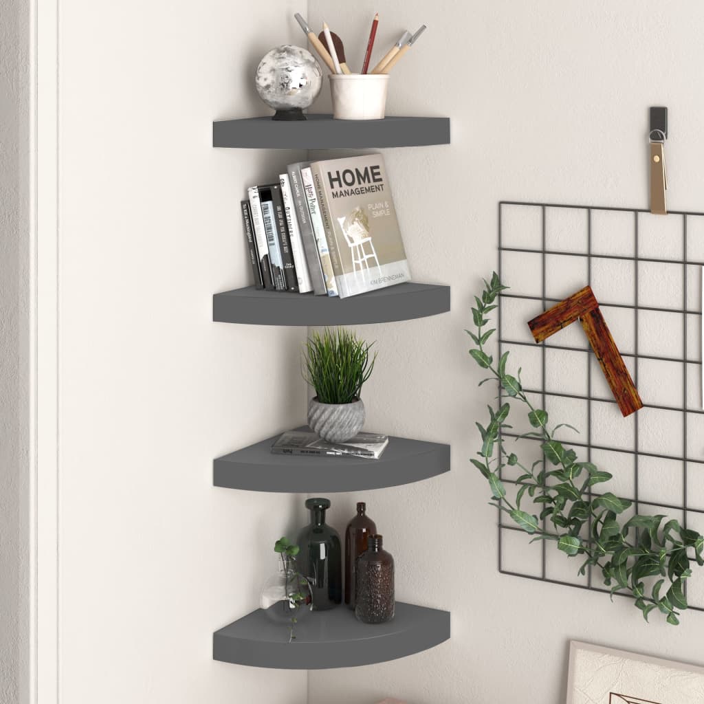 Floating Corner Shelves 4 pcs High Gloss Grey 25x25x3.8 cm MDF - Sid & Sam