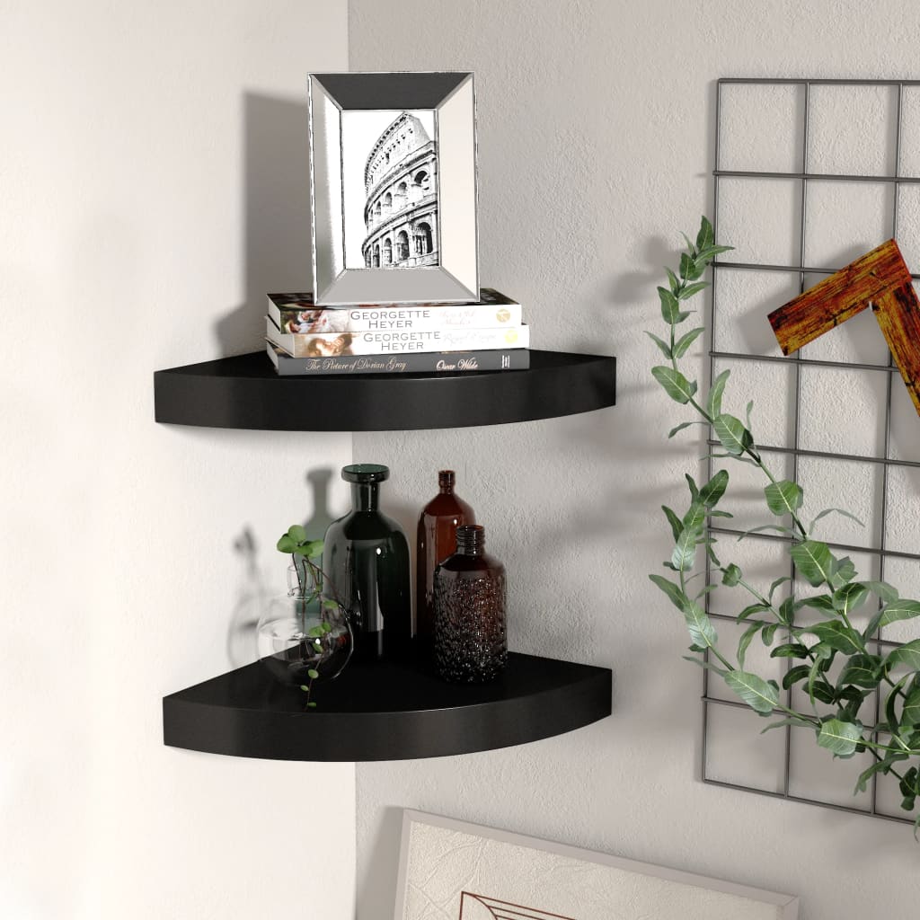 Floating Corner Shelves 2 pcs Black 25x25x3.8 cm MDF - Discount Dealers