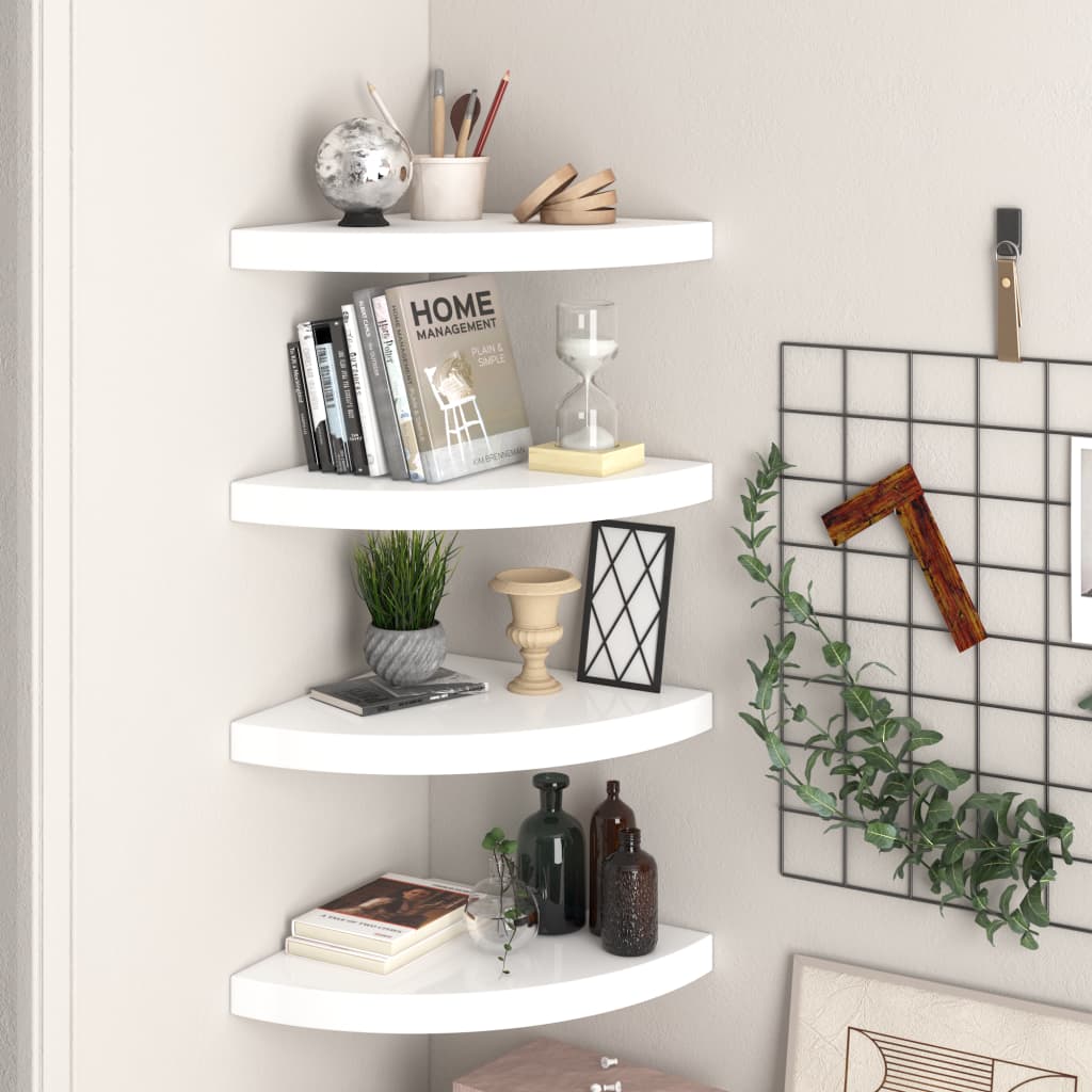 Floating Corner Shelves 4 pcs High Gloss White 35x35x3.8 cm MDF - Millennium Furniture