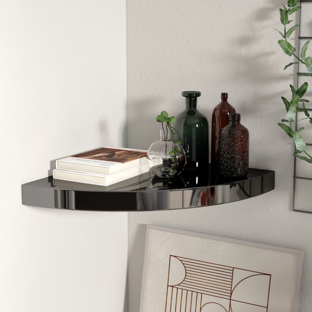 Floating Corner Shelf High Gloss Black 35x35x3.8 cm MDF - Decor Base