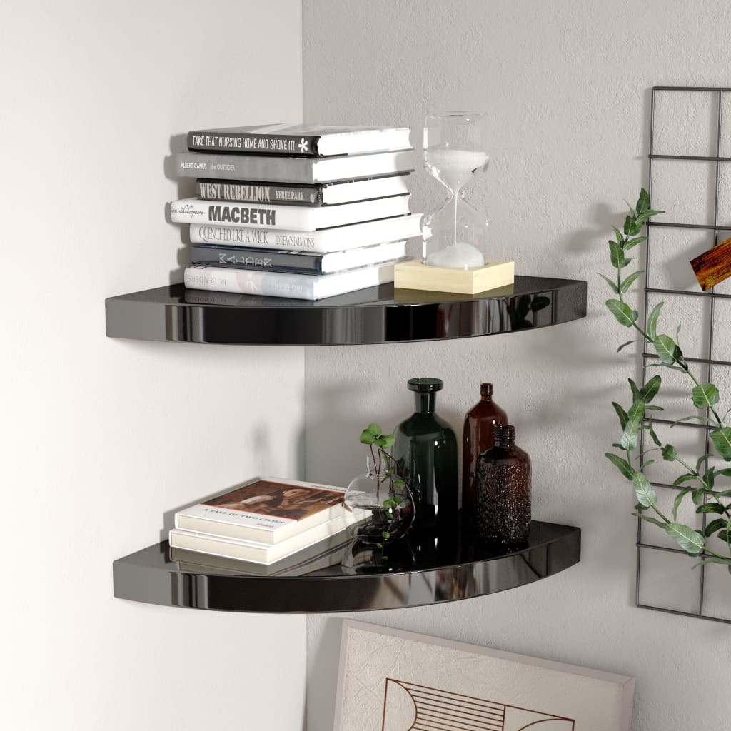 Floating Corner Shelves 2 pcs High Gloss Black 35x35x3.8 cm MDF - Sid & Sam