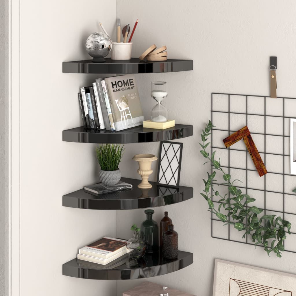 Floating Corner Shelves 4 pcs High Gloss Black 35x35x3.8 cm MDF - Tyrell & Tyrell