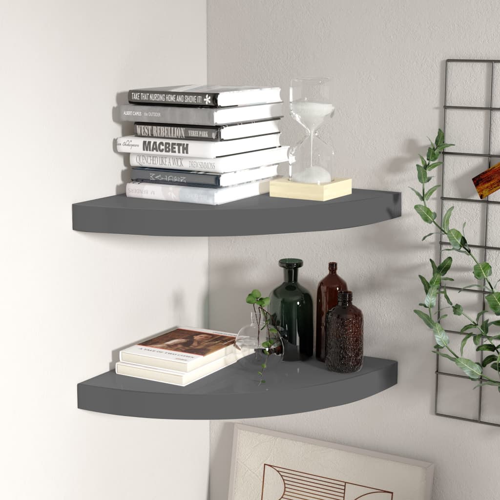 Floating Corner Shelves 2 pcs High Gloss Grey 35x35x3.8 cm MDF - Direct Imports