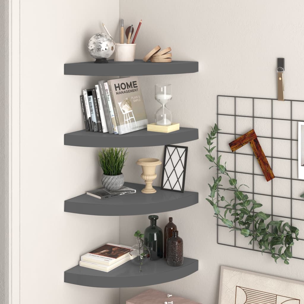 Floating Corner Shelves 4 pcs High Gloss Grey 35x35x3.8 cm MDF - Discount Dealers