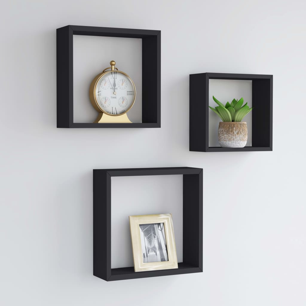 Wall Cube Shelves 3 pcs Black MDF - Decor Base