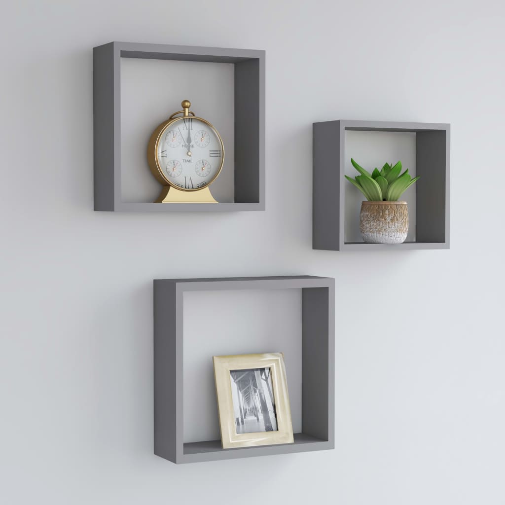 Wall Cube Shelves 3 pcs Grey MDF - Sid & Sam