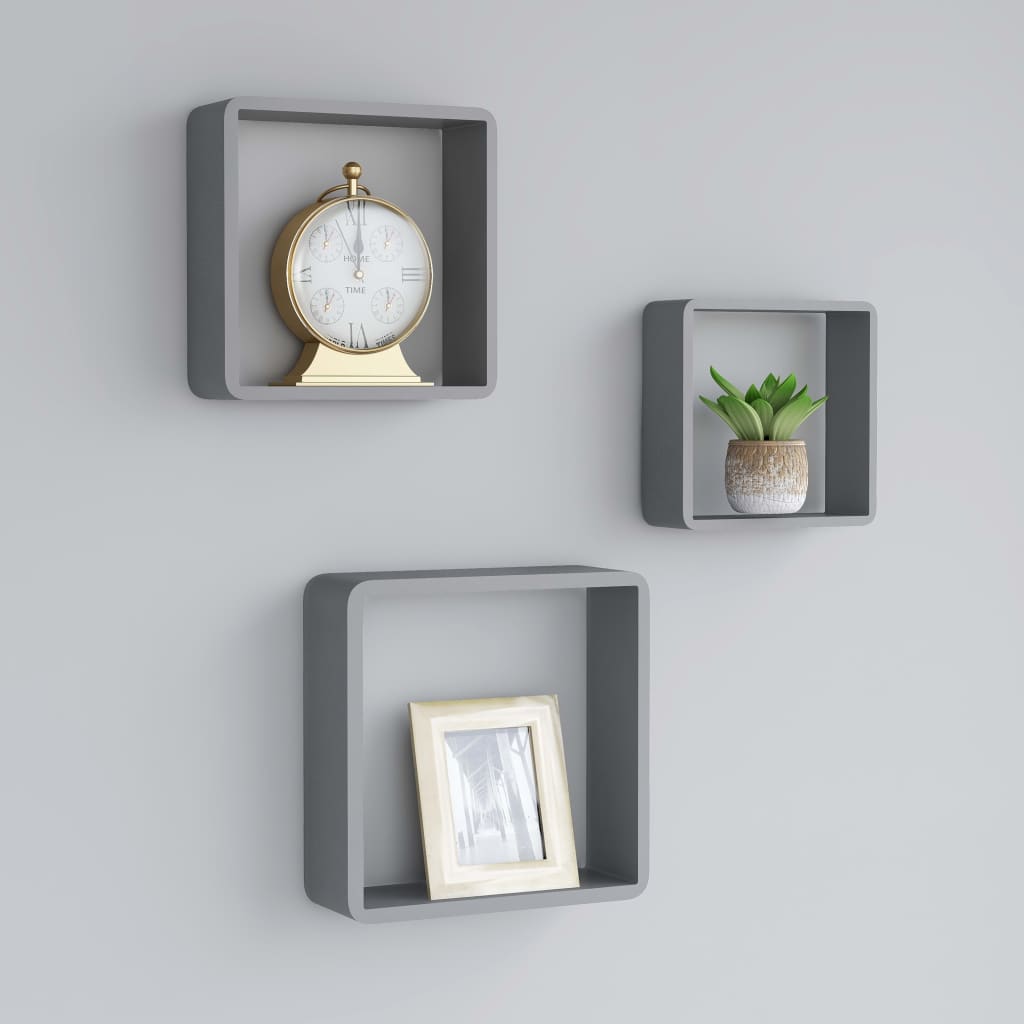 Wall Cube Shelves 3 Pieces Grey MDF - Brittle & Co