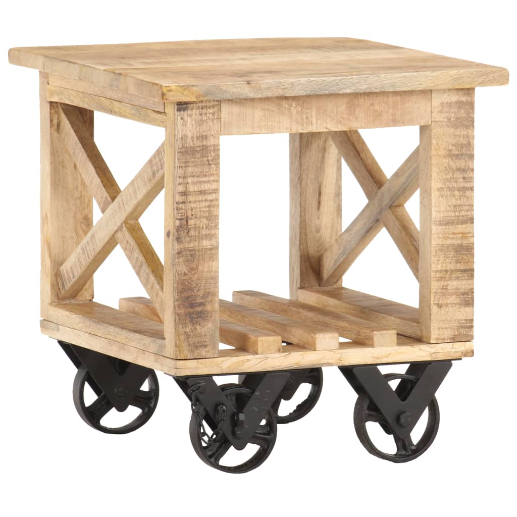 Side Table with Wheels 40x40x42 cm Rough Mango Wood - R and M Furniture