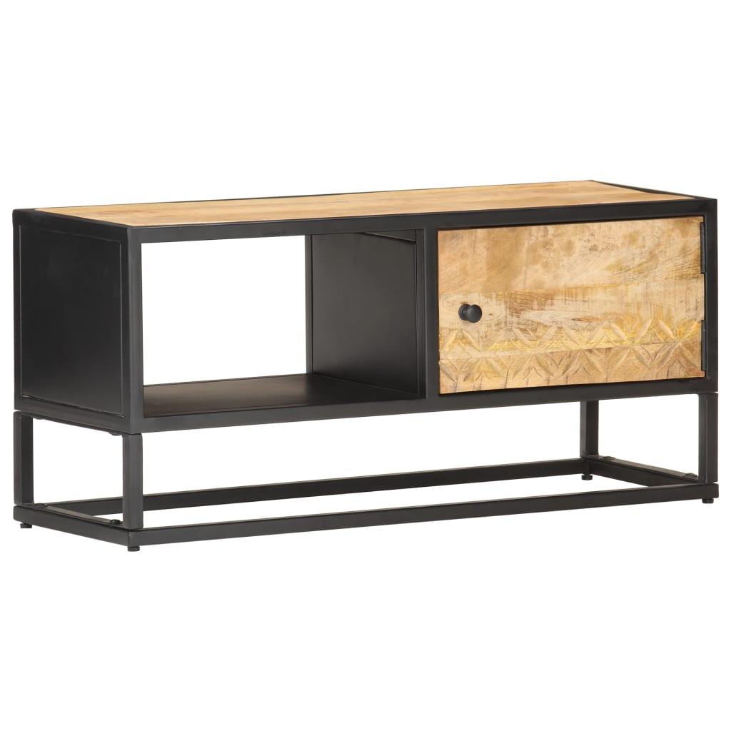 TV Cabinet with Carved Door 90x30x40 cm Rough Mango Wood - Sid & Sam
