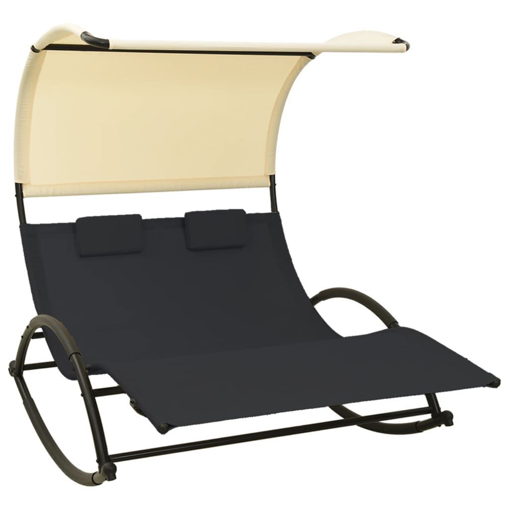 Double Sun Lounger with Canopy Textilene Black and Cream - The Home Maker