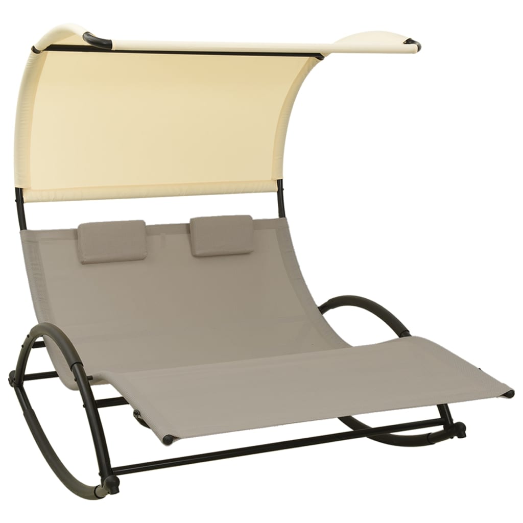 Double Sun Lounger with Canopy Textilene Taupe and Cream - Casper Homes