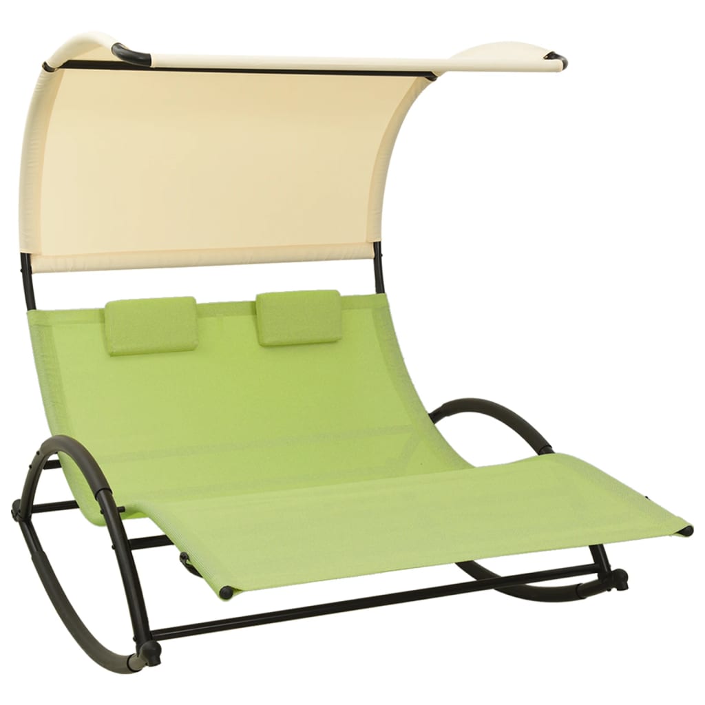 Double Sun Lounger with Canopy Textilene Green and Cream - Merkel Designers