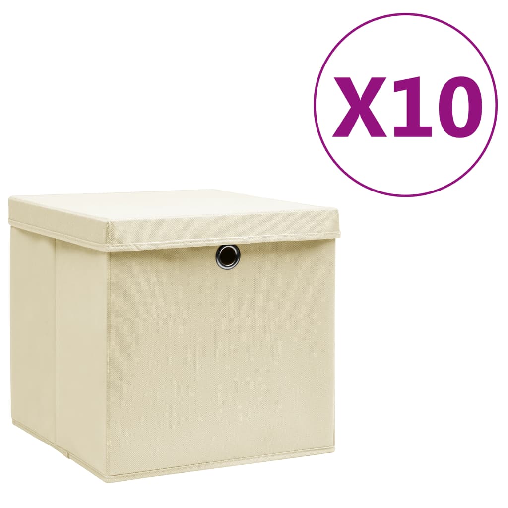 Storage Boxes with Covers 10 pcs 28x28x28 cm Cream - Design Hut