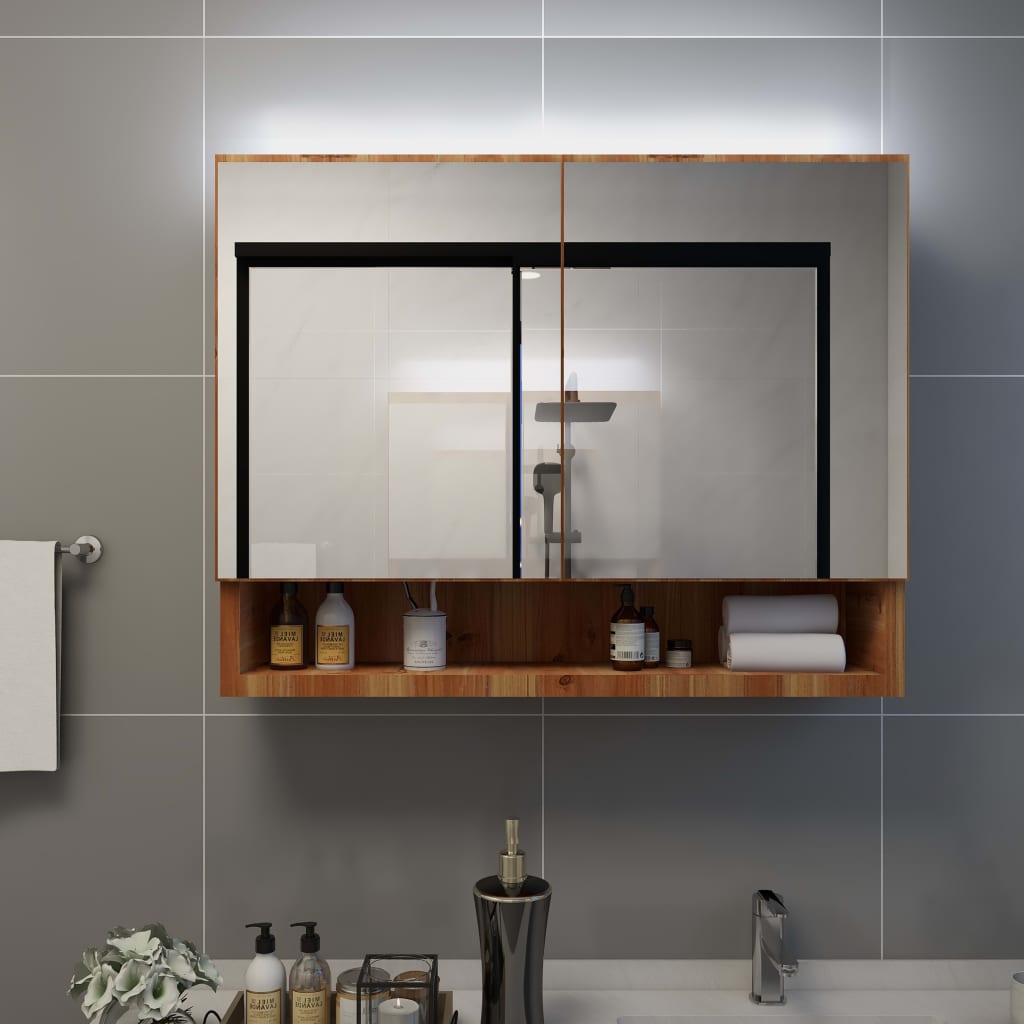 LED Bathroom Mirror Cabinet Oak 80x15x60 cm MDF - Millennium Furniture