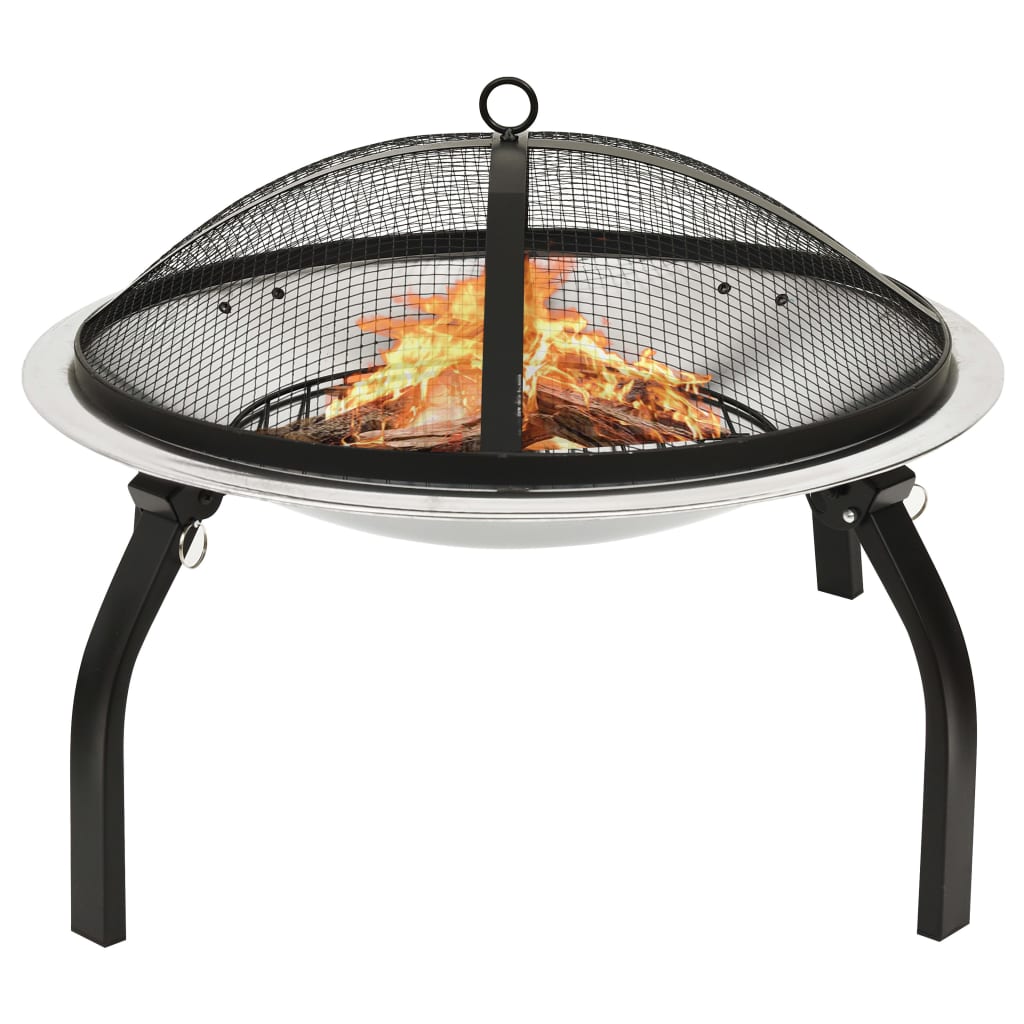 2-in-1 Fire Pit and BBQ with Poker 56x56x49 cm Stainless Steel - Decor Base