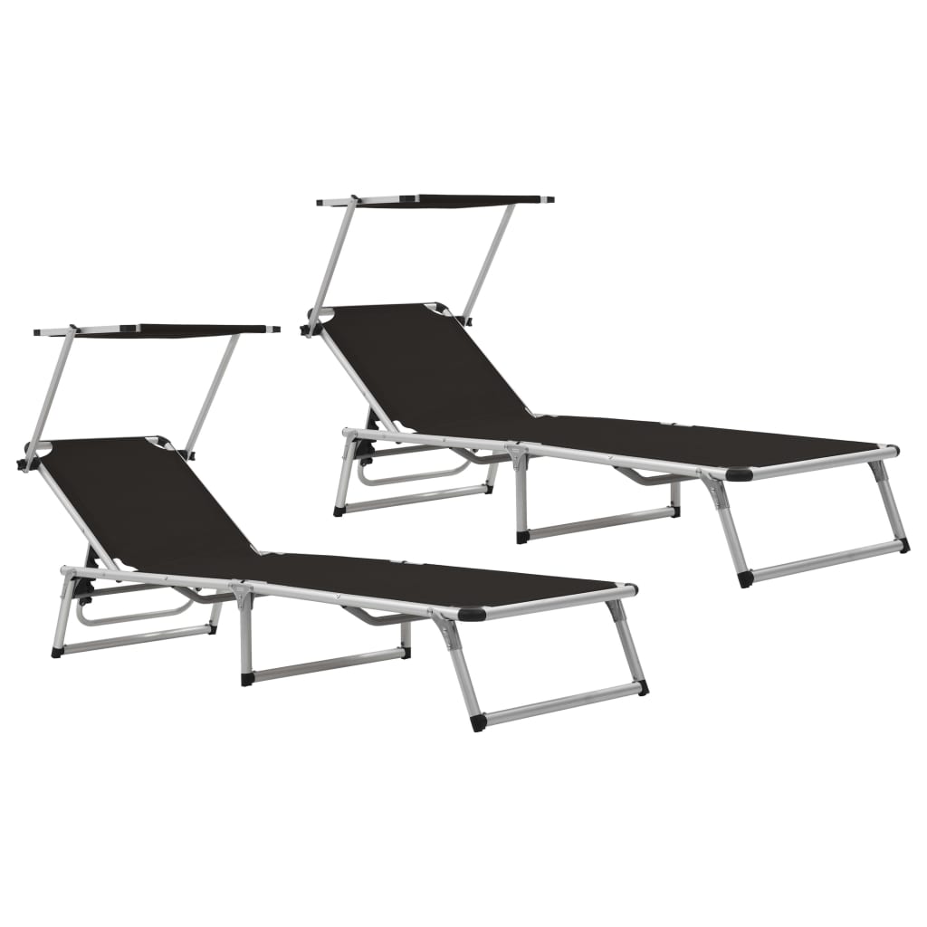 Folding Sun Loungers with Roof 2 pcs Aluminium&Textilene Black - Brittle & Co