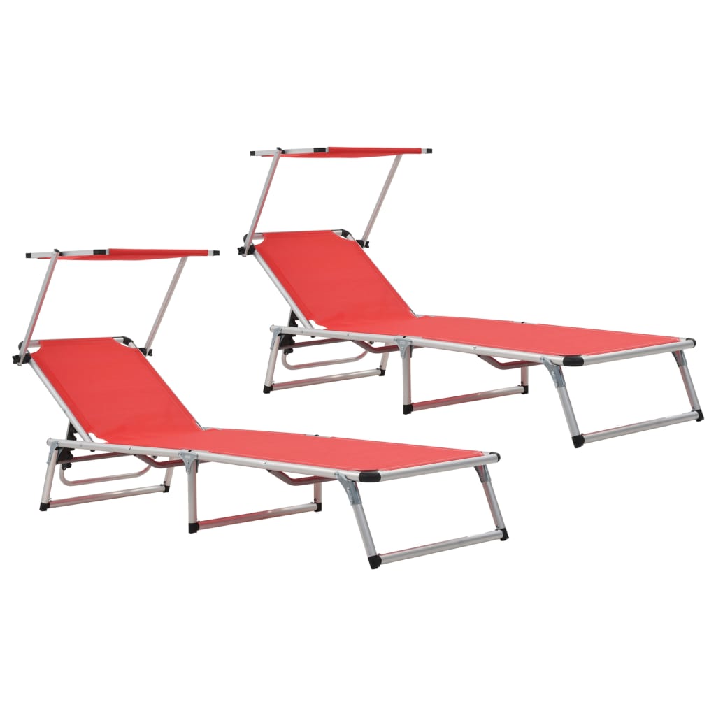 Folding Sun Loungers with Roof 2 pcs Aluminium&Textilene Red - Merlin Deals