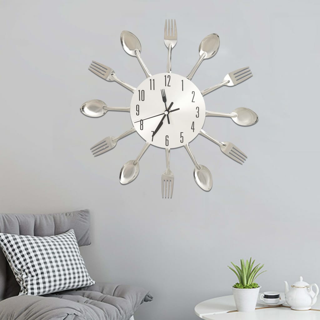 Wall Clock with Spoon and Fork Design Silver 31cm Aluminium - Style and Chic