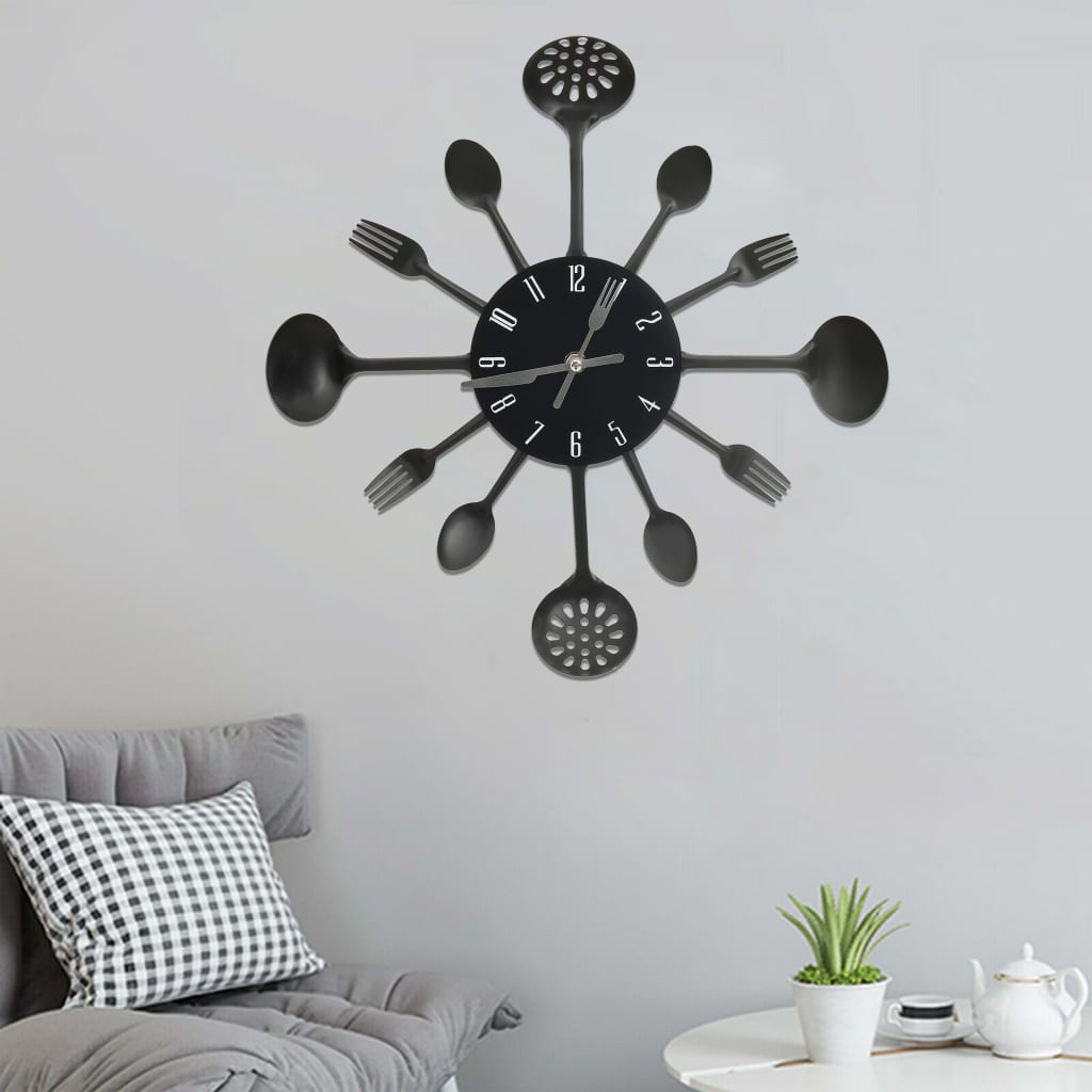 Wall Clock with Spoon and Fork Design Black 40cm Aluminium - Millennium Furniture