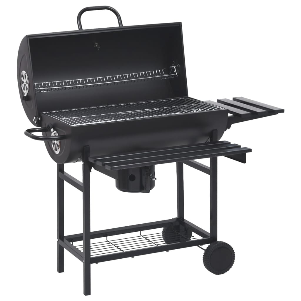 Barrel Grill with Wheels and Shelves Black Steel 115x85x95 cm - Sid & Sam