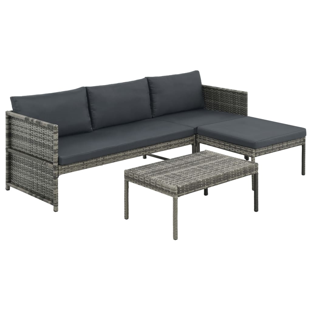 3 Piece Garden Lounge Set with Cushions Poly Rattan Grey - All Things Good