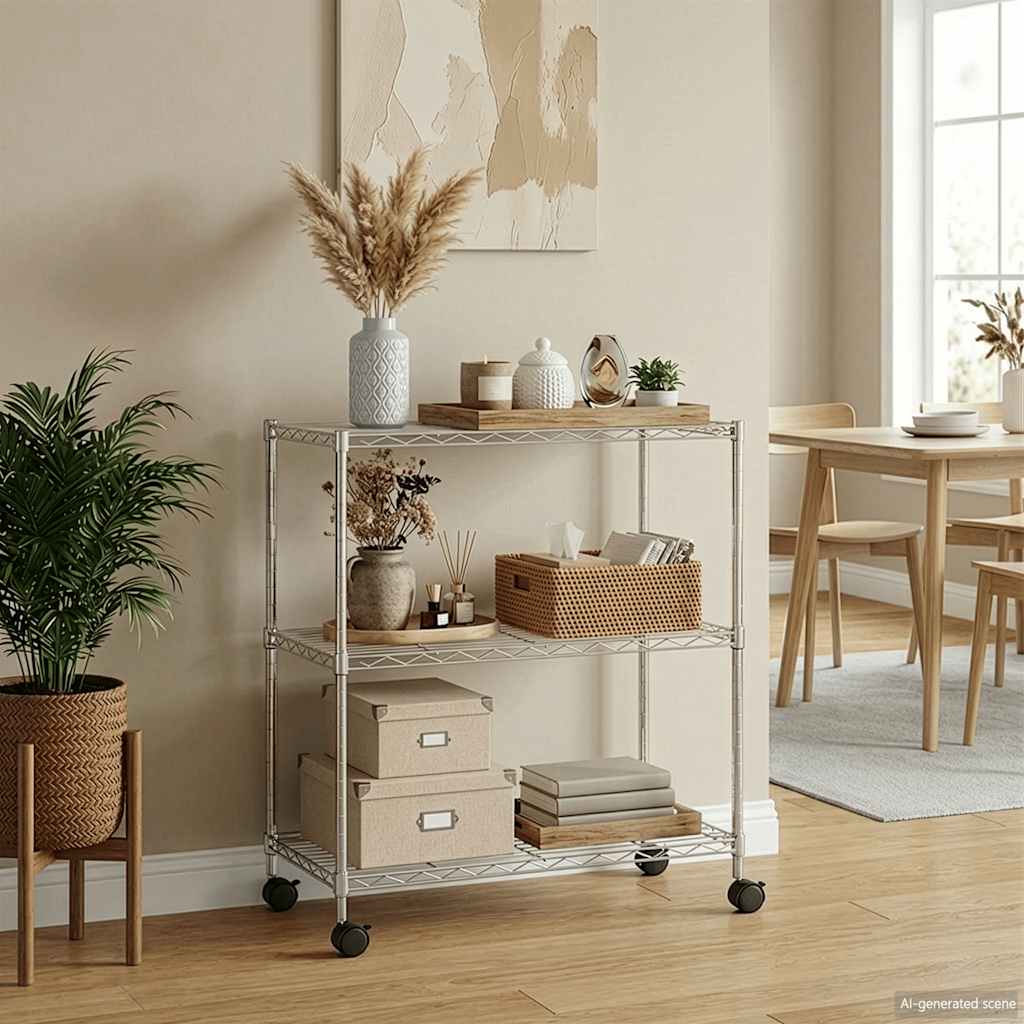 3-Tier Storage Rack with Wheels 60x35x81cm Chrome 150 kg - Millennium Furniture