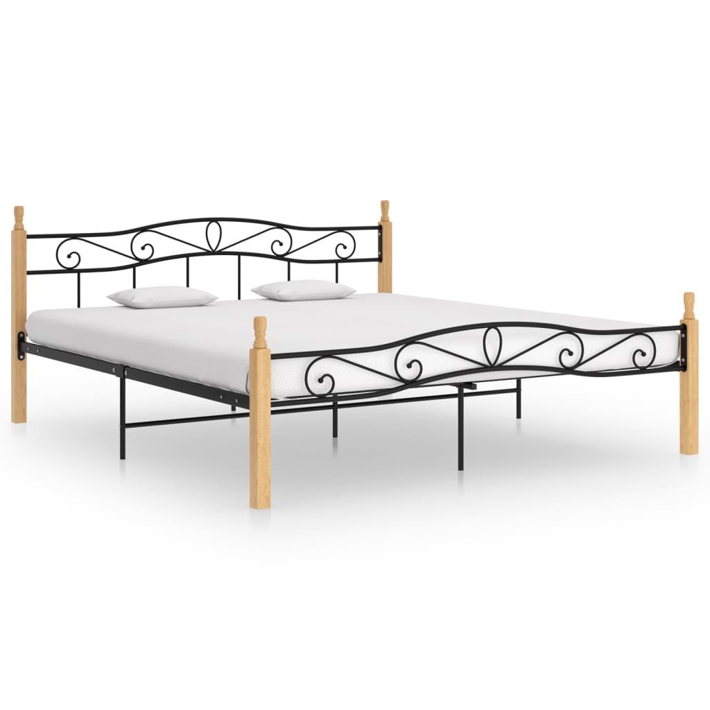 Bed Frame Black Metal and Solid Oak Wood 200x200 cm - Merkel Designers