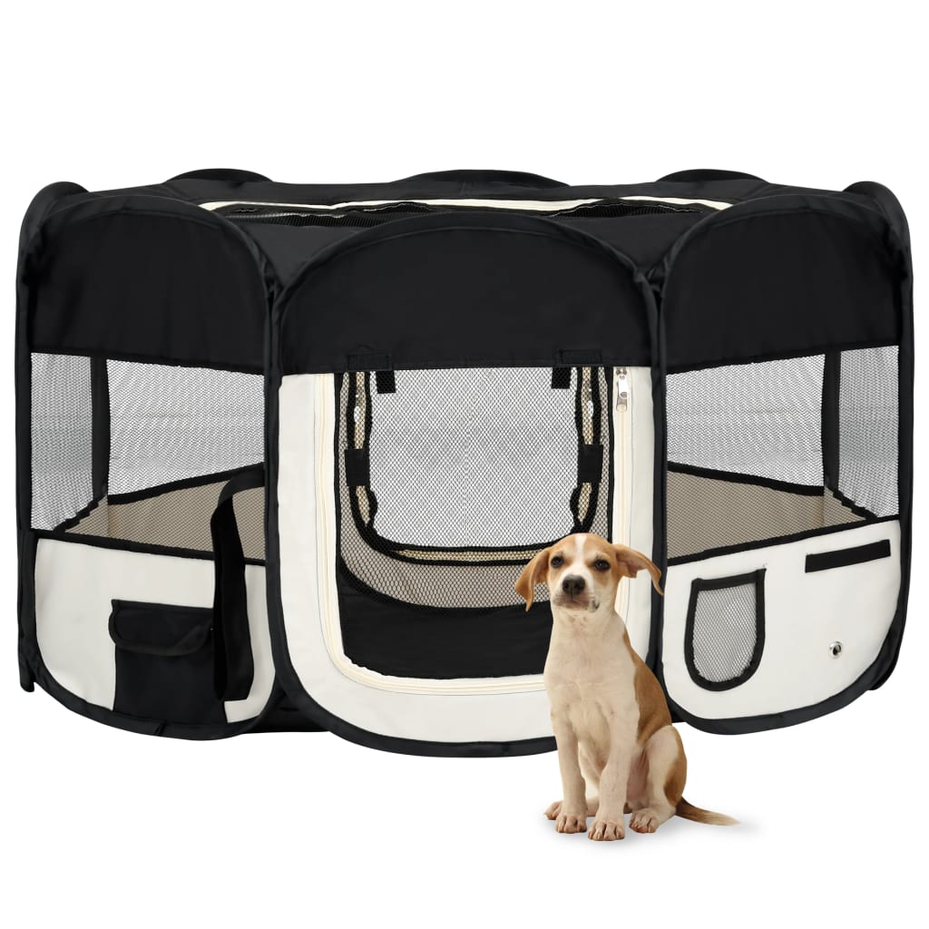 Foldable Dog Playpen with Carrying Bag Black 145x145x61 cm - Tyrell & Tyrell