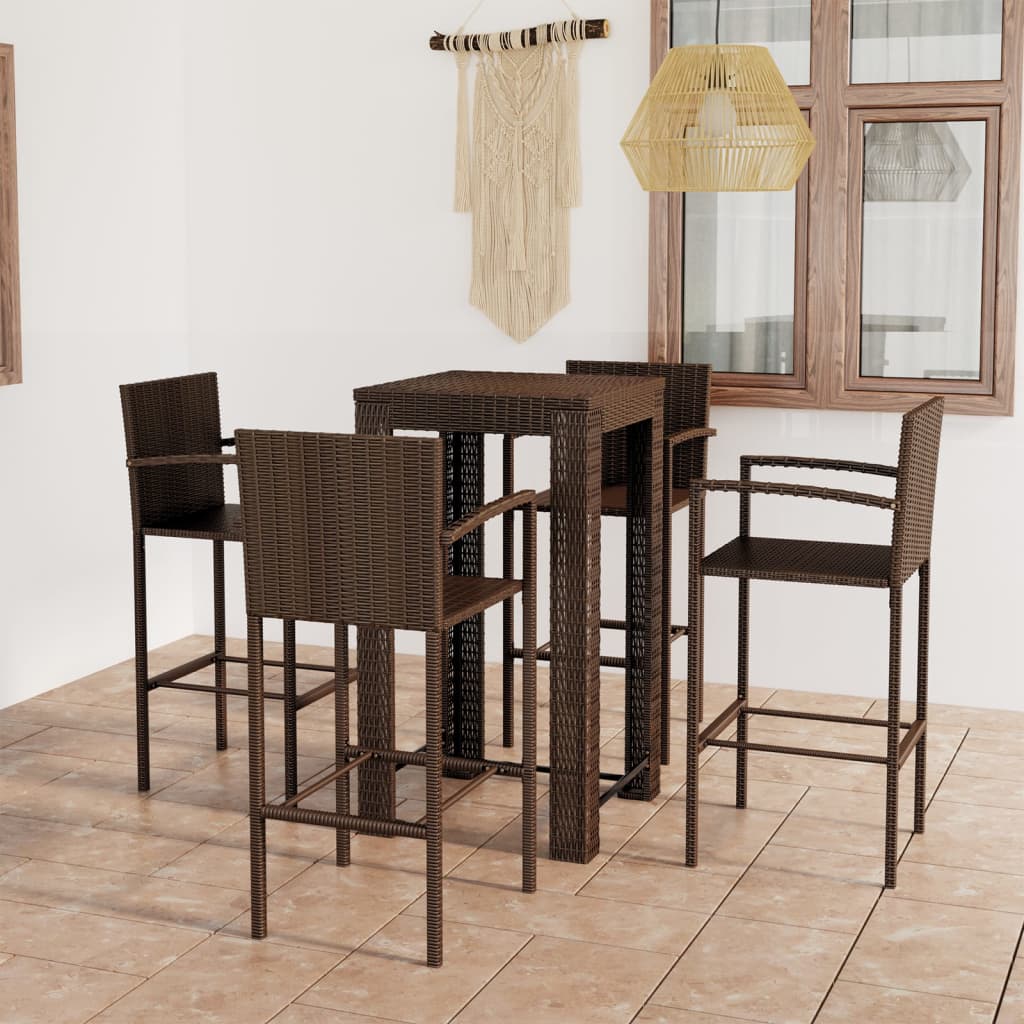 5 Piece Outdoor Bar Set with Armrest Poly Rattan Brown - Tyrell & Tyrell