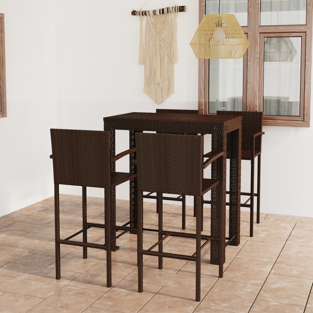 5 Piece Outdoor Bar Set with Armrest Poly Rattan Brown - Merkel Designers