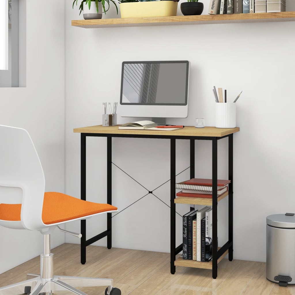 Computer Desk Black and Light Oak 80x40x72 cm MDF and Metal - The Home Maker