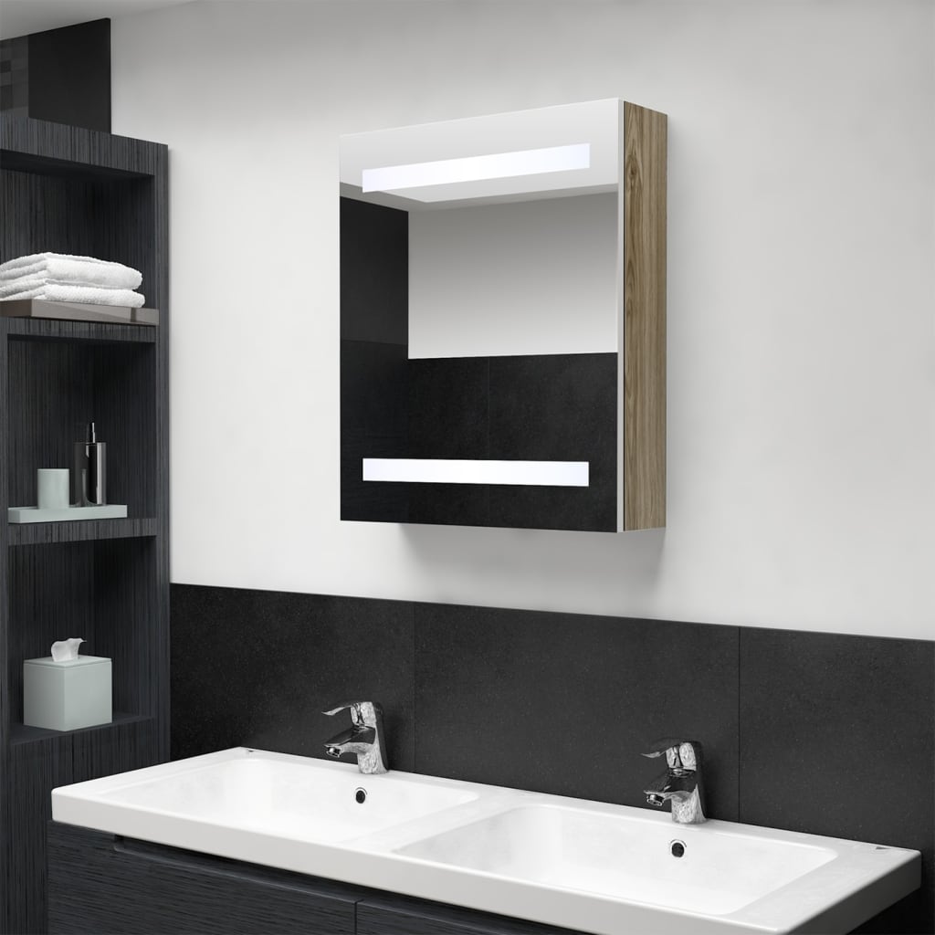 LED Bathroom Mirror Cabinet White and Oak 50x14x60 cm - Discount Dealers