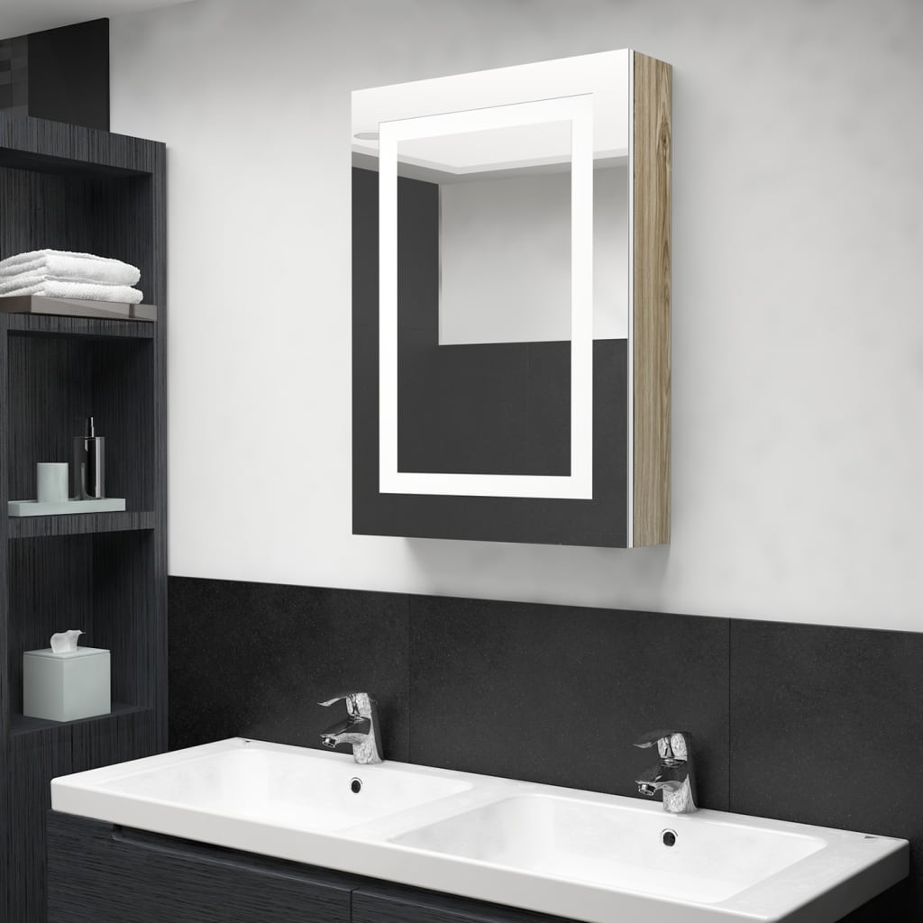 LED Bathroom Mirror Cabinet White and Oak 50x13x70 cm - Discount Dealers