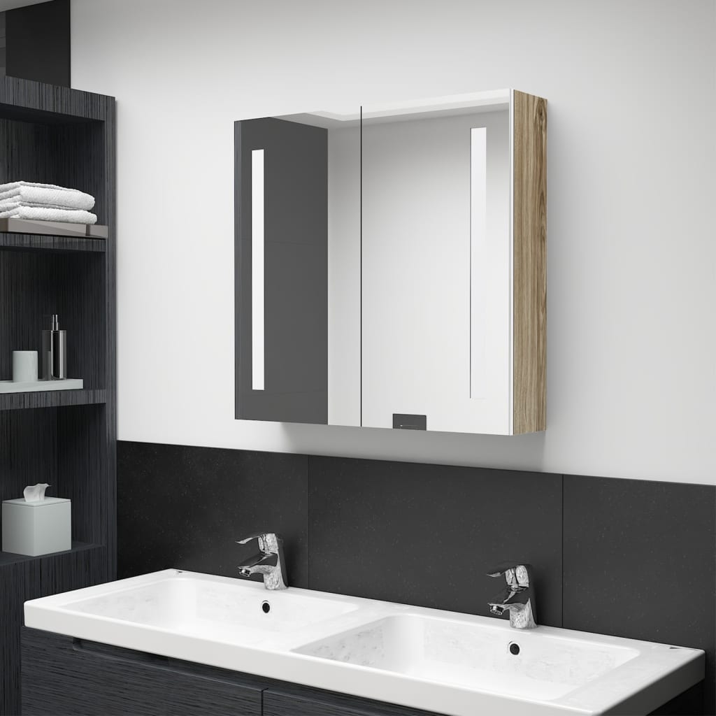 LED Bathroom Mirror Cabinet White and Oak 62x14x60 cm - Design Hut