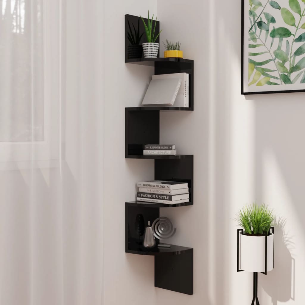 Wall Corner Shelf High Gloss Black 19x19x123 cm Engineered Wood - R and M Furniture