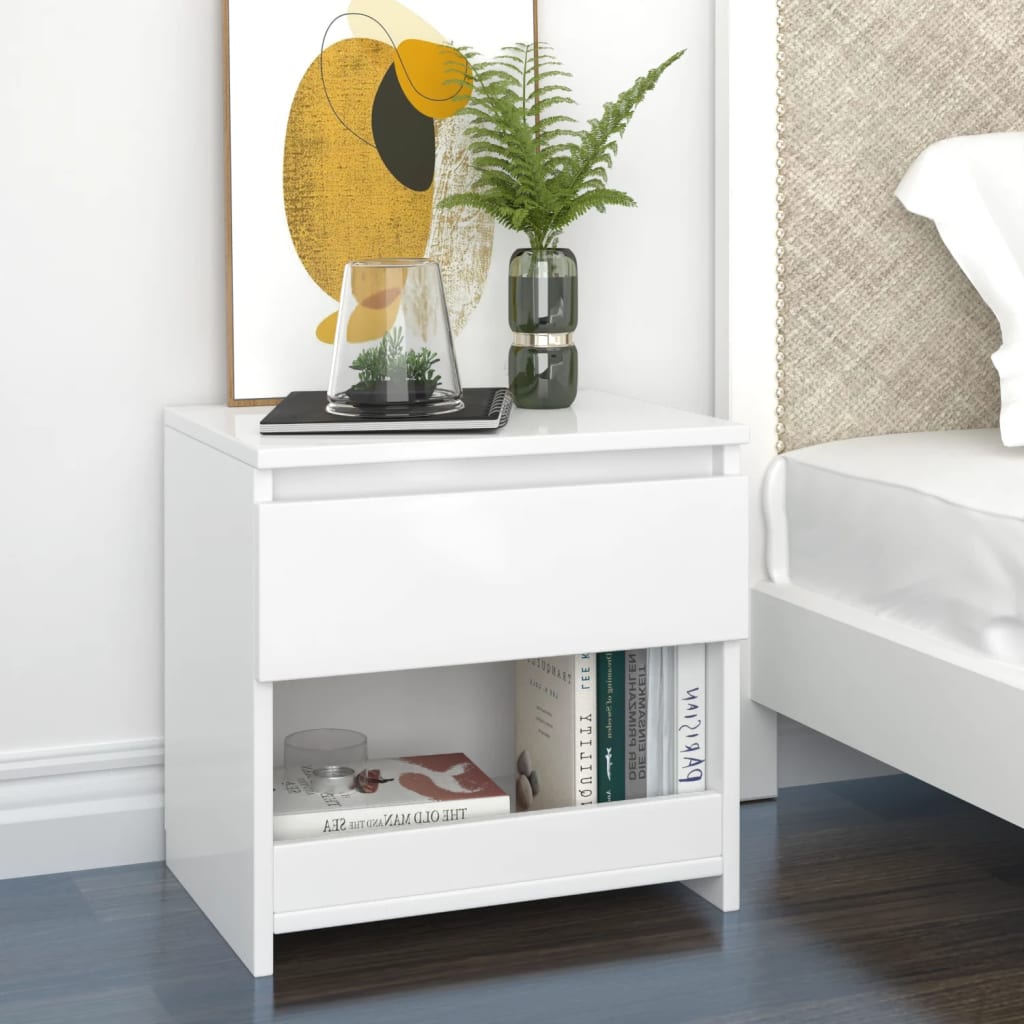 Bedside Table - EMPOLI Nightstand High Gloss White 40cm - Design Hut