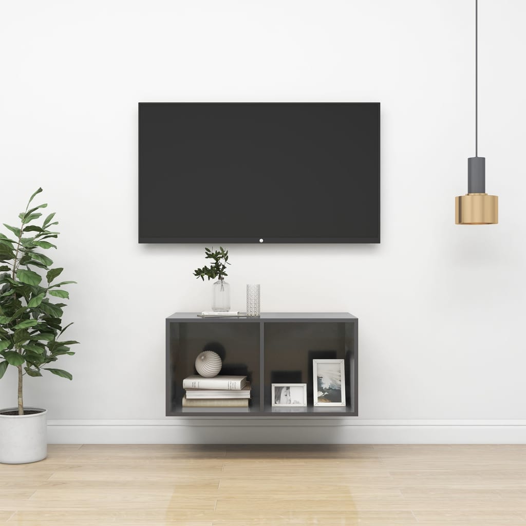 Wall-mounted TV Cabinet High Gloss Grey 37x37x72 cm Engineered Wood - Sid & Sam