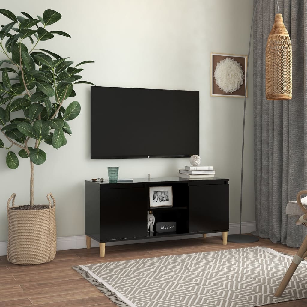 TV Cabinet with Solid Wood Legs Black 103.5x35x50 cm - Brittle & Co