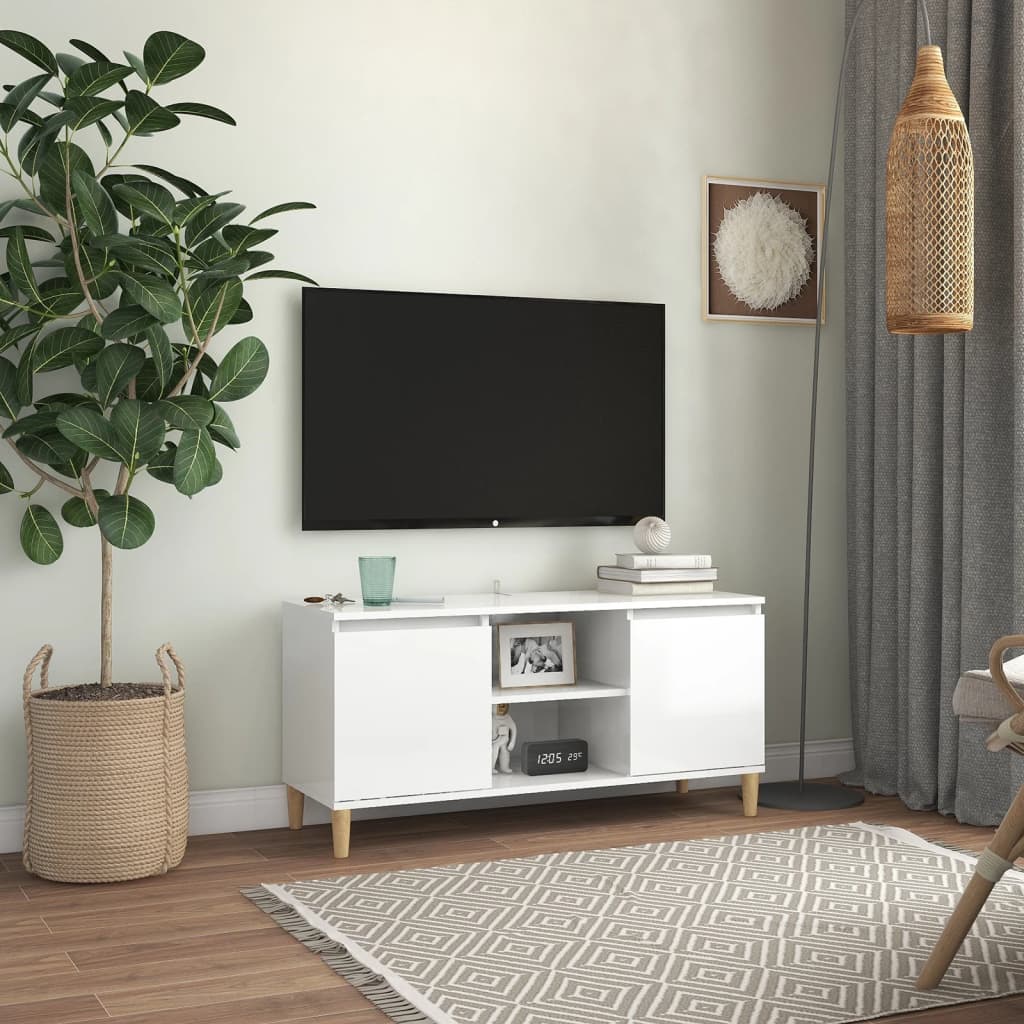 TV Cabinet & Solid Wood Legs High Gloss White 103.5x35x50 cm - Style and Chic
