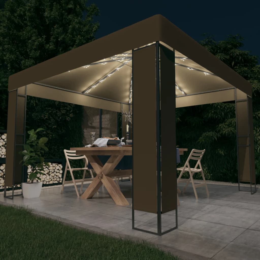 Gazebo with Double Roof and LED String Lights 3x3x2.7 m Taupe - Style and Chic