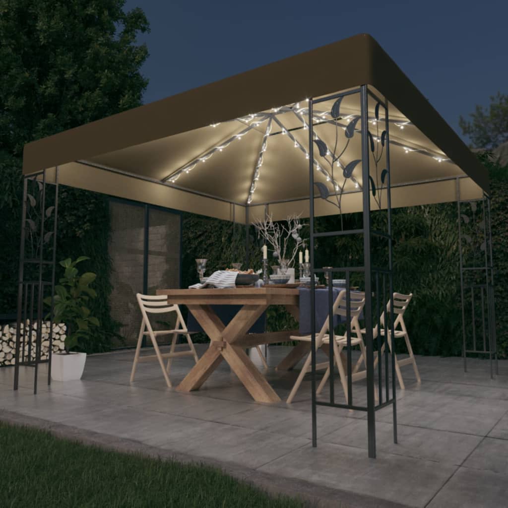 Gazebo with LED String Lights 3x3 m Taupe - The Home Maker