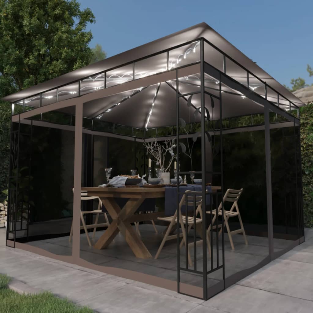 Gazebo with Mosquito Net&LED String Lights 3x3x2.73 m Taupe - Merlin Deals
