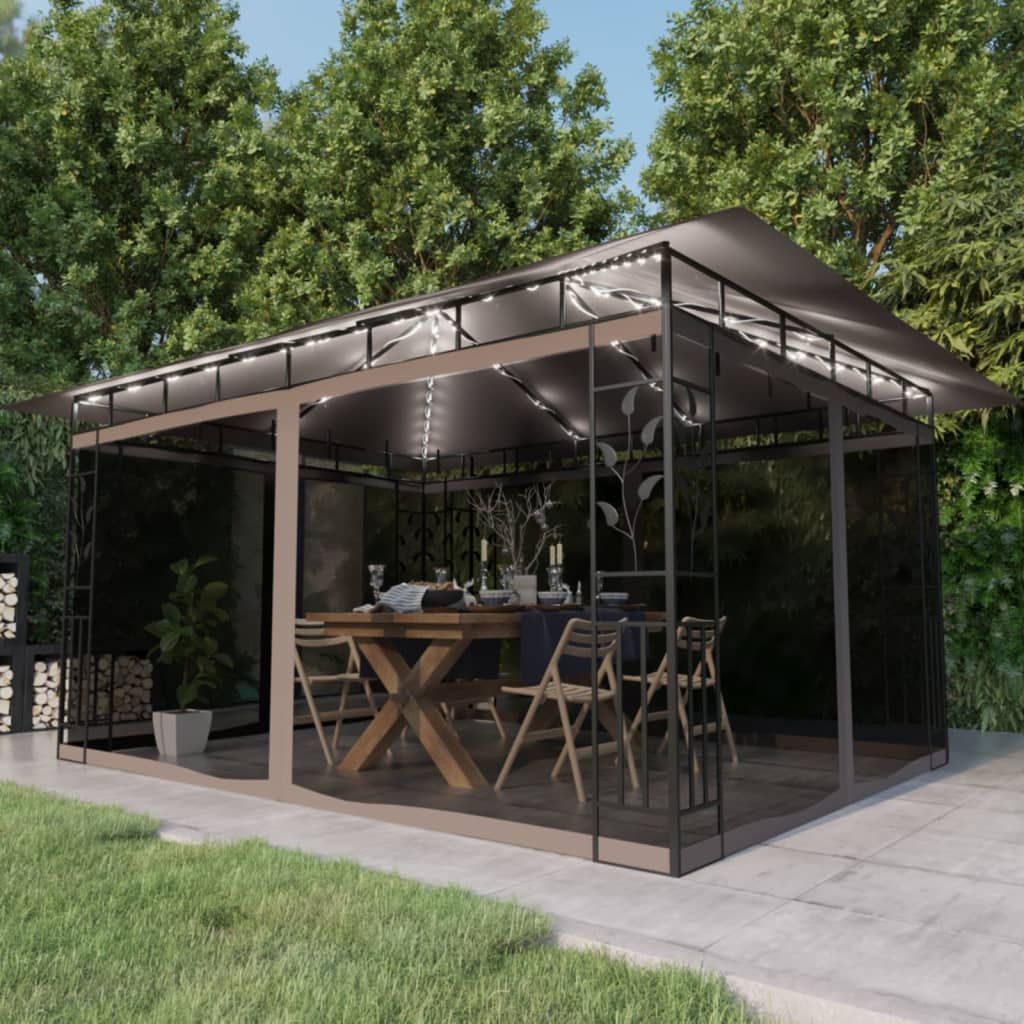 Gazebo with Mosquito Net&LED String Lights 4x3x2.73 m Taupe - Brittle & Co