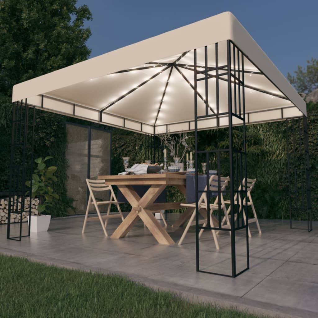 Gazebo with LED String Lights 3x3 m Cream - Discount Dealers