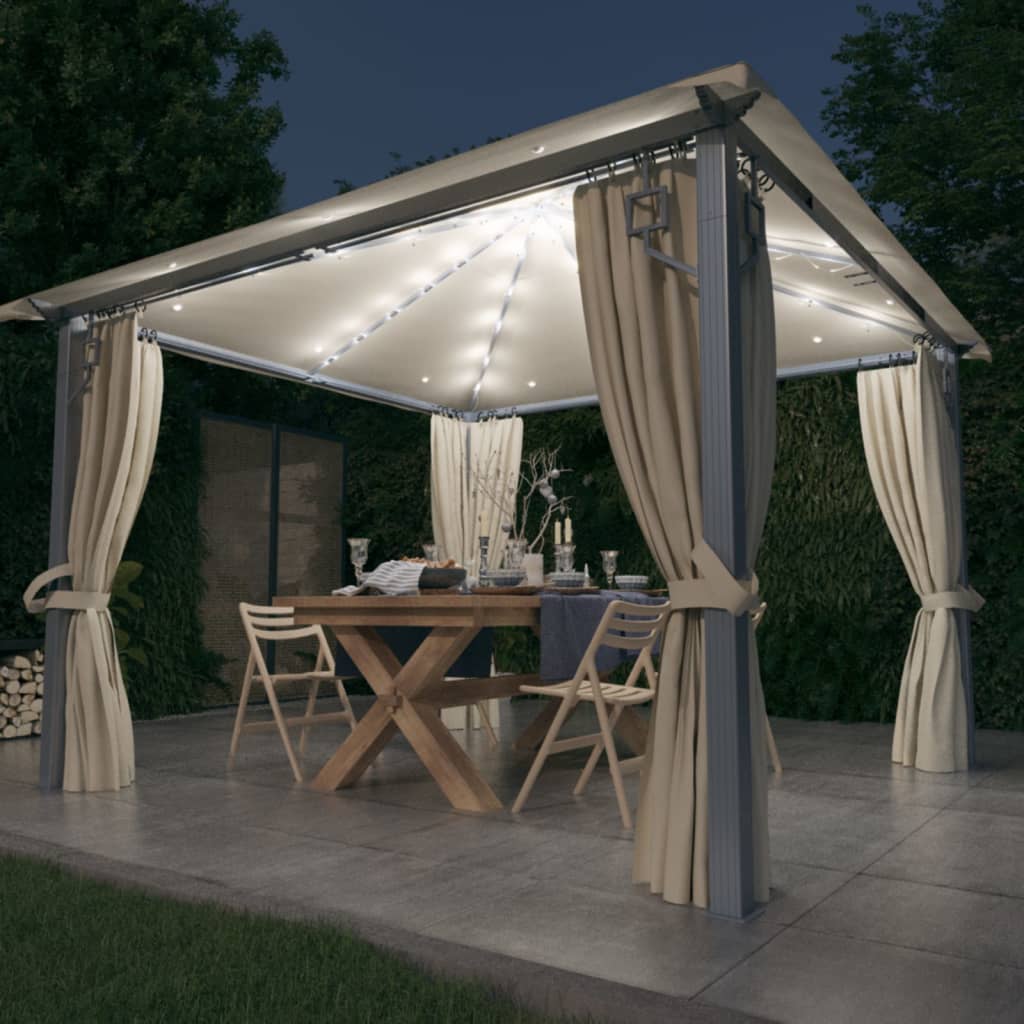 Gazebo with Curtain&LED String Lights 3x3 m Cream Aluminium - Merlin Deals