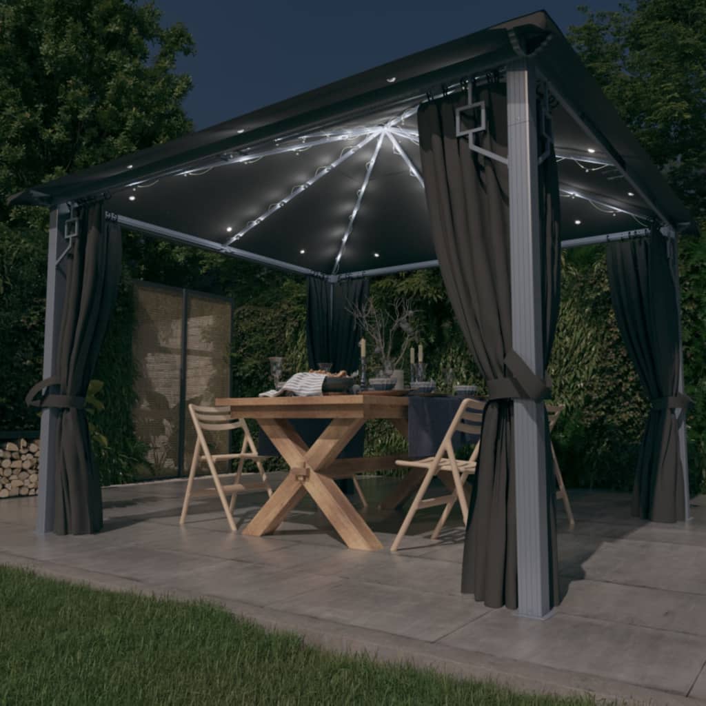 Gazebo with Curtain&LED String Lights 3x3 m Anthracite Aluminium - The Home Maker