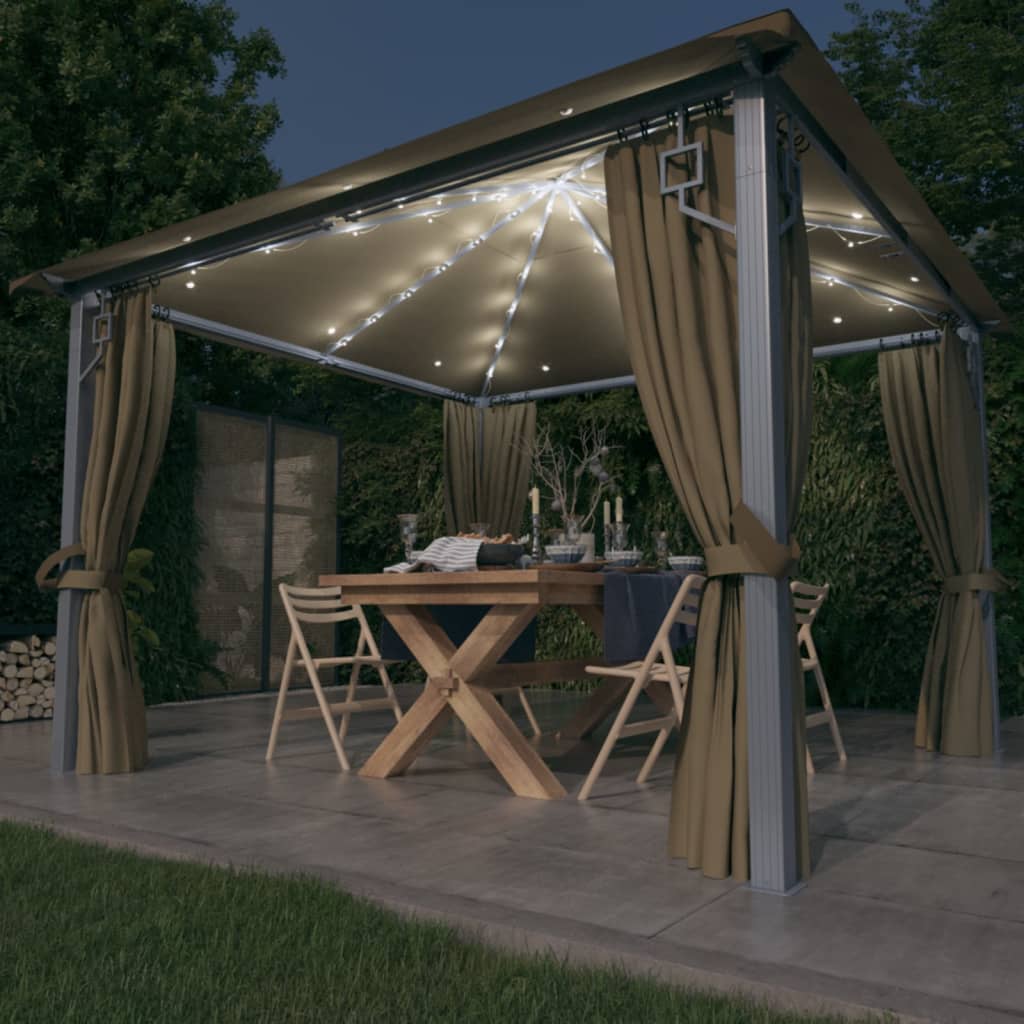 Gazebo with Curtain&LED String Lights 3x3 m Taupe Aluminium - Style and Chic