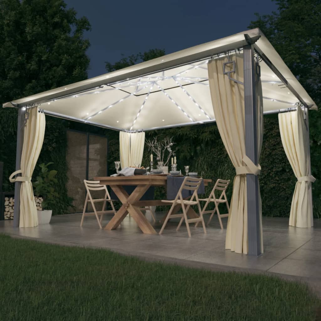 Gazebo with Curtain&LED String Lights 4x3 m Cream Aluminium - All Things Good